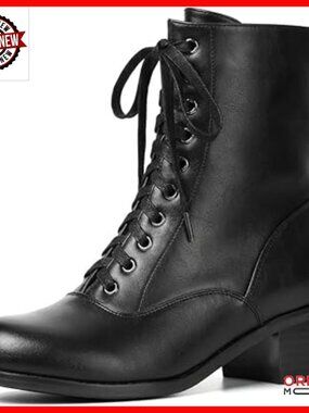 Victorian Ankle Boots Lace Up Side Zipper Chunky Heel Round Toe